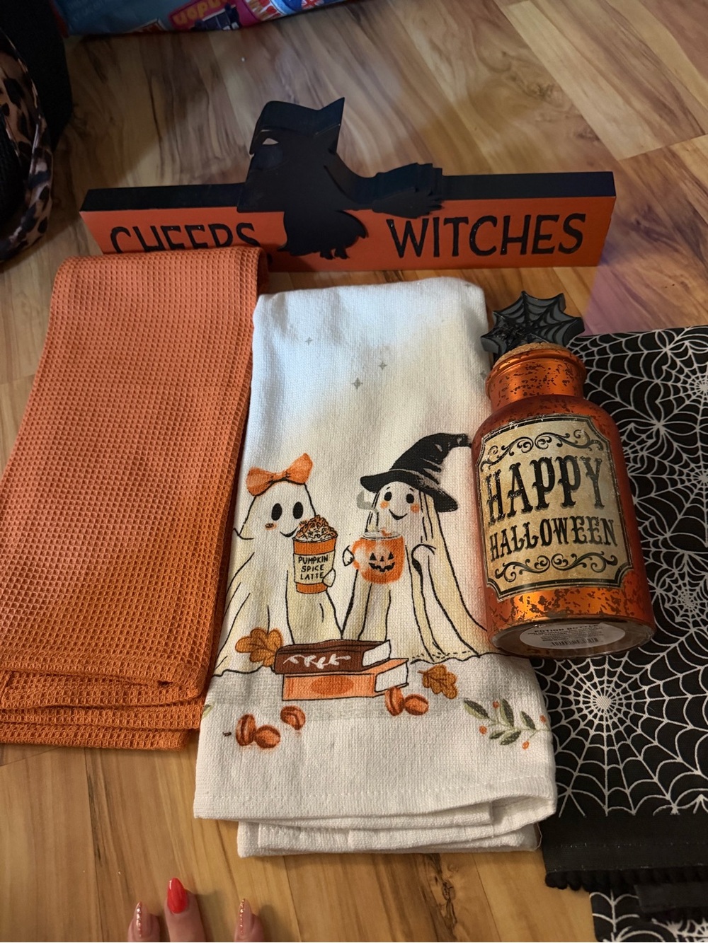 Halloween Ghost Tea Towels and Happy Halloween Bottle Decor and sign